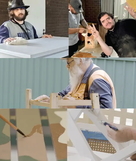 NDIS participants building and crafting wooden items during Acals upcycle and recycle class in Sydney Australia