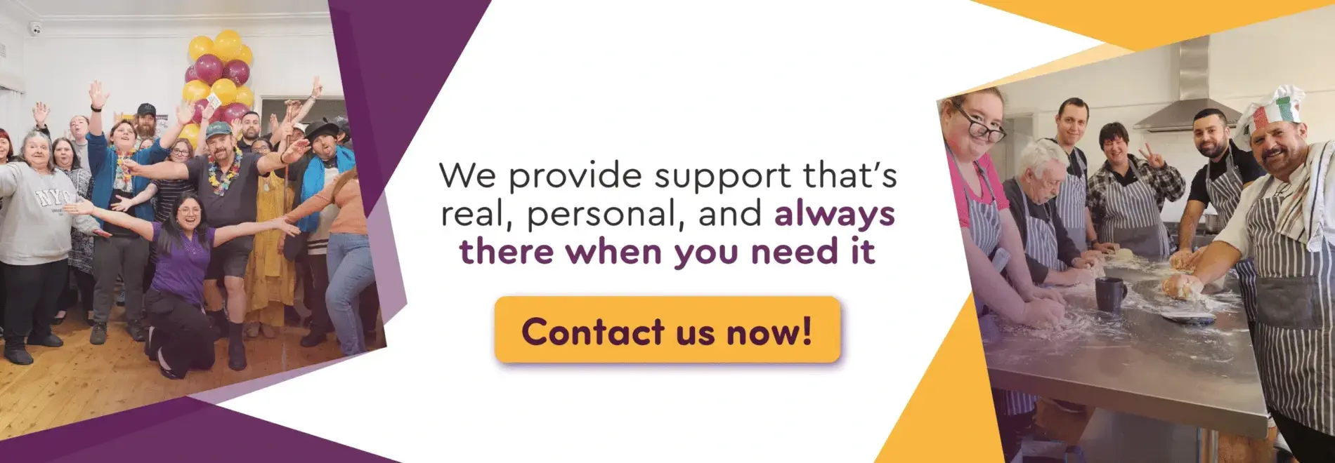 Acals NDIS day centre activities banner showing participants celebrating and learning cooking skills in Sydney