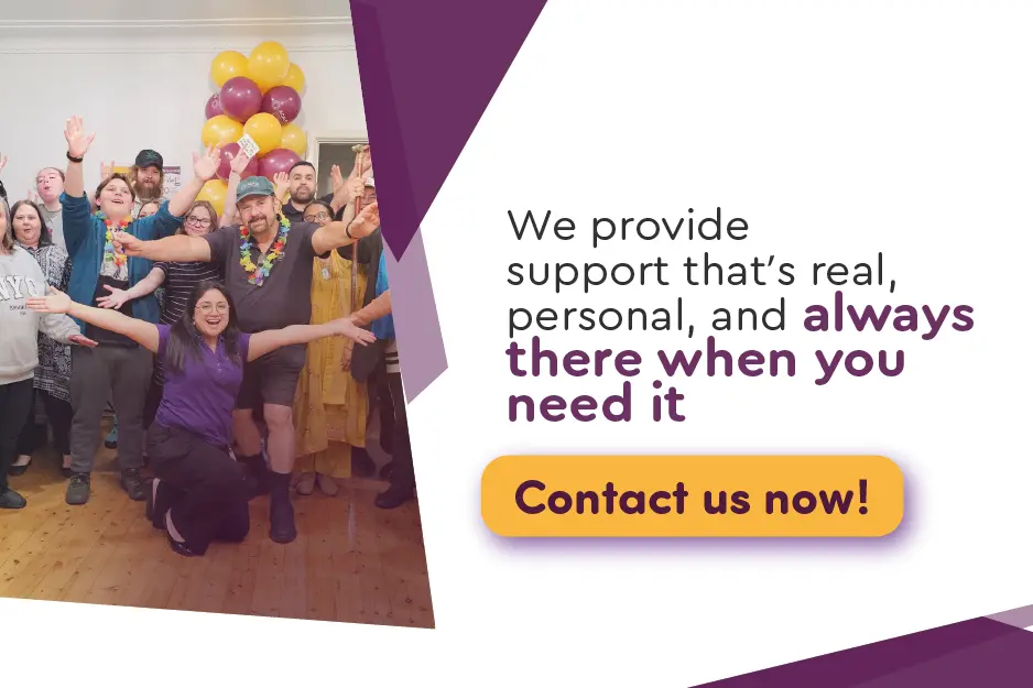 Group of diverse Acals day centre participants celebrating with balloons at NDIS support activity event in Sydney Australia