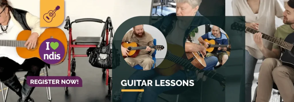Acals NDIS guitar lessons banner showing participants playing guitar with I Love NDIS badge and Register Now call to action button Sydney Australia