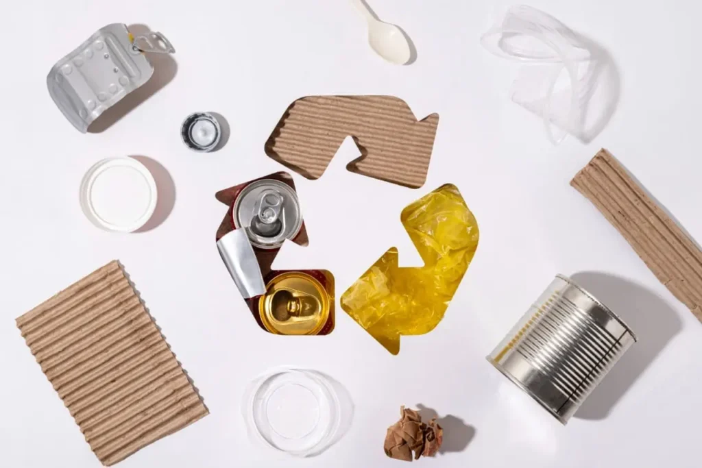 Assorted recyclable materials including cardboard, tin cans, plastic and wood pieces arranged on a white background for Acals NDIS upcycle and recycle program
